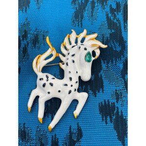 Vintage White & Gold Enamel Horse Brooch Pin With Green Gem Eye